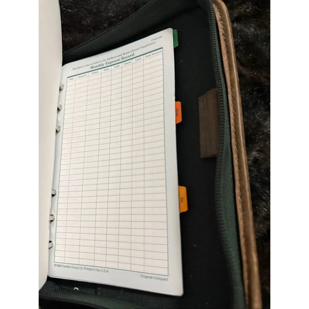 Franklin Quest Pre-Covey Green Line Canvas Brown Leather Trim Planner 6 Ring Zip